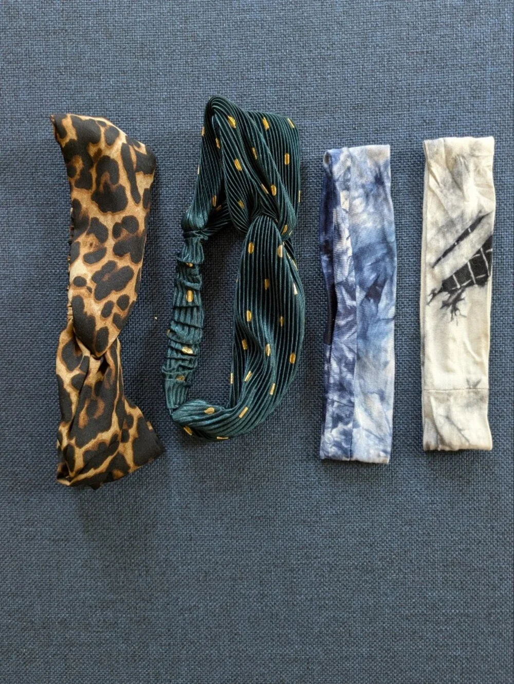 Set of 4 Fashion Headbands – Leopard, Emerald with Gold Dots, Navy Black Tie Dye